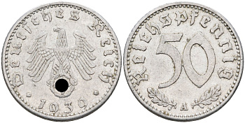 Германия 50 рейхспфеннигов 1939 А, символика KM 96, J. 372 алюминий 4591-134