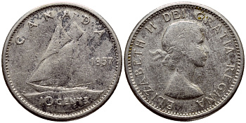 Канада 10 центов 1957 Елизавета II (1952-2022), парусник KM 51 серебро     54-261