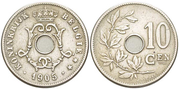БЕЛЬГИЯ 10 САНТИМОВ 1905 BELGIE KM 53 медно-никель 210-1047
