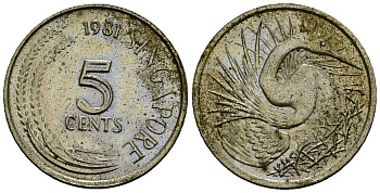 Сингапур 5 центов 1981 большая белая цапля KM 2 медно-никель 4174-113