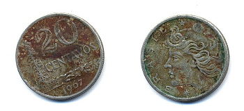 Бразилия 20 сентаво 1967 голова Свободы влево KM 579.1, Schon 84 медно-никель 51-4624