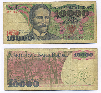 ПОЛЬША 10000 ЗЛОТЫХ 1988 1 ДЕКАБРЯ 1988, СТАНИСЛАВ ВЫСПЯНЬСКИЙ Pick 151b бумага 7205-29-1