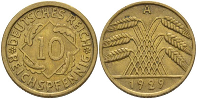 ГЕРМАНИЯ 10 РЕЙХСПФЕННИГОВ 1929 A KM 40, J. 317 алюминиевая бронза 4401-431