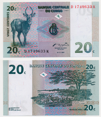 ДР Конго 20 сантимов 1997 антилопа, национальный парк Упемба Pick 83 a бумага UNC (пресс) 6280-25-1