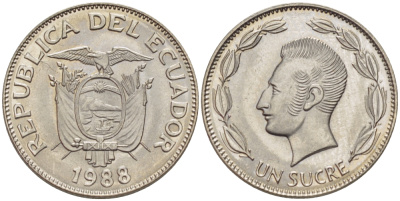 ЭКВАДОР 1 СУКРЕ 1988 АНТОНИО ХОСЕ де СУКРЕ KM 89 сталь плакированная никелем UNC 66-921