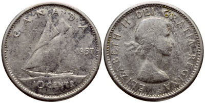 Канада 10 центов 1957 Елизавета II (1952-2022), парусник KM 51 серебро     54-261