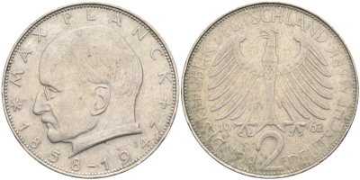 ФРГ 2 марки 1962 G , Макс Планк KM 116, J. 392 медно-никель плакированный никелем 4139-143