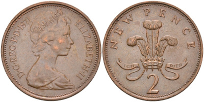 Великобритания 2 пенса 1971 Елизавета II (1952-2022) KM 916, Spink 4235 (C1) бронза 4126-327