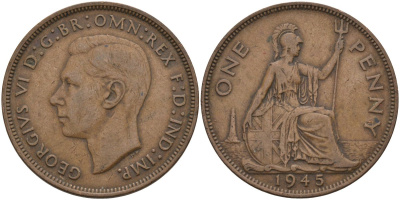 Великобритания 1 пенни 1945 Георг VI (1936-1952) KM 845, Spink 4114 бронза 4117-1232