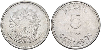 Бразилия 5 крузадо 1986 реформа (1986-1989) KM 606 нержавеющая сталь 24-714