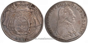 Австрия, Зальцбург 1 талер 1775 M, Иеронимус фон Коллоредо (1772-1812) Dav. 1263, KM 435 серебро 00-806-19