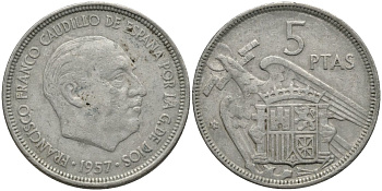 Испания 5 песет 1957 (59) Франсиско Франко (1939-1975) KM 786 медно-никель 4171-513