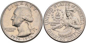 США 25 центов = квотер 1976 D, 200 лет независимости (1776-1976), Вашингтон, барабанщик KM 204 медь плакированная медно-никелем 4584-1045