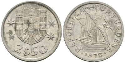 Португалия 2,5 эскудо 1978 парусник KM 590 медно-никель 4147-634