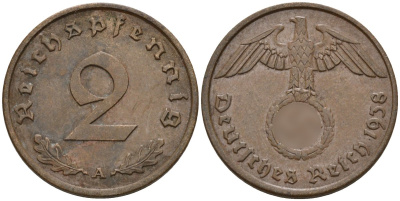 Германия 2 рейхспфеннига 1938 A KM 90, J. 362 бронза 4147-1266