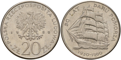 Польша 20 злотых 1980 MW, 50 лет фрегату «Дары Поморца» KM 112, Parchimowicz 253 медно-никель 4157-1013