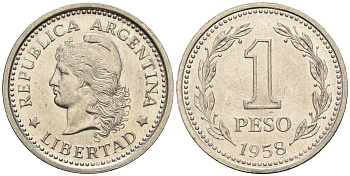 Аргентина 1 песо 1958 голова свободы влево KM 57 сталь плакированная никелем 87-343