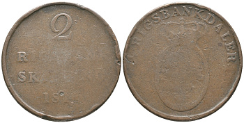 ДАНИЯ 2 РИГСБАНКСКИЛЛИНГА 1818 KM 689 (С102) медь 83-1224