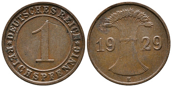 ГЕРМАНИЯ 1 РЕЙХСПФЕННИГ 1929 E KM 37, J. 313 бронза 39-1033