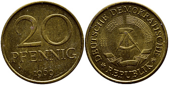 ГДР 20 пфеннигов 1969 А, первый год KM 11 латунь UNC 4398-831