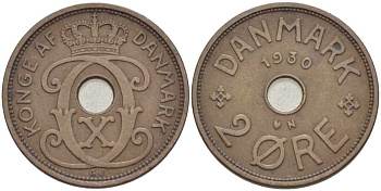 ДАНИЯ 2 ЭРЕ 1930 N; GJ, КРИСТИАН X (1912-1947) KM 827.2 бронза 67-213