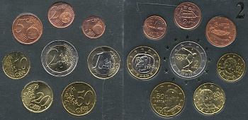 Греция евронабор от 1 евроцента до 2 евро  включает 2 евро 2004 Олимпиада в Греции, планшет  биметалл, медно-никель  UNC  4-4-1-52