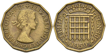 Великобритания 3 пенса 1959 Елизавета II (1952-2022) KM 900, Spink 4153 никель латунь 4561-1027