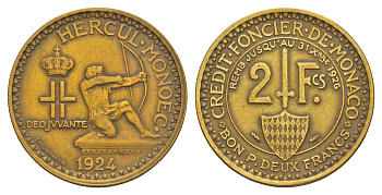 Монако 2 франка 1924 год-тип KM 112 алюминиевая бронза 5010-915