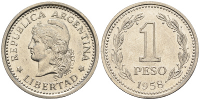 Аргентина 1 песо 1958 голова свободы влево KM 57 сталь плакированная никелем 87-343