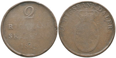 ДАНИЯ 2 РИГСБАНКСКИЛЛИНГА 1818 KM 689 (С102) медь 83-1224