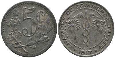 Алжир, Французская оккупация 5 сантимов 1917 Alger Chamber of Commerce KM TnA3 цинк 34-831