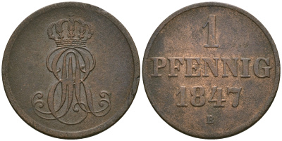 Ганновер 1 пфенниг 1847 B, Эрнст Август (1837-1851) KM 201.1, AKS 129, J. 74 медь 08-1333