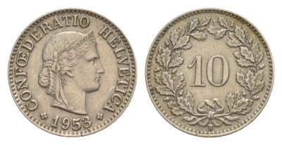 Швейцария 10 раппенов 1953 B KM 27 медно-никель 4625-143