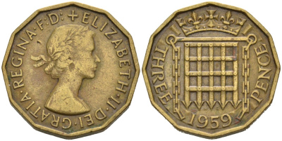 Великобритания 3 пенса 1959 Елизавета II (1952-2022) KM 900, Spink 4153 никель латунь 4561-1027