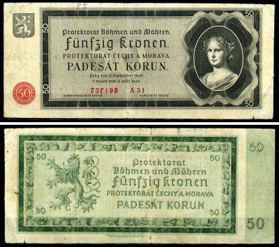 Богемия и Моравия 50 крон 1940 Pick 5 бумага 7547-49-2-2