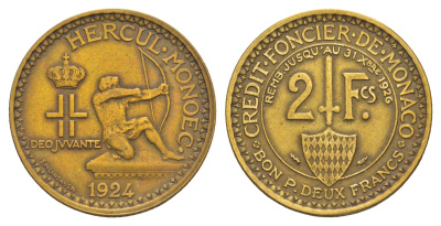 Монако 2 франка 1924 год-тип KM 112 алюминиевая бронза 5010-915