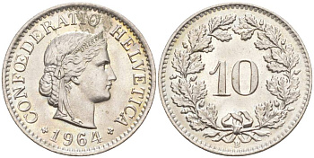 ШВЕЙЦАРИЯ 10 РАППЕНОВ 1964 В KM 27 медно-никель 55-343