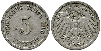 ГЕРМАНИЯ 5 ПФЕННИГОВ 1890 E KM 11, J. 12 медно-никель 39-631