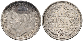 Нидерланды 10 центов 1939 Вильгельмина I (1890-1948) KM 163 серебро 105-335