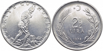 ТУРЦИЯ 2 1/2 ЛИРЫ 1978 KM 893.2 сталь 111-725