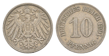 Германия 10 пфеннигов 1901 E, Вильгельм II (1888-1918) KM 12, J. 13 медно-никель 4640-252
