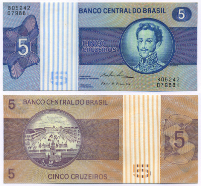 БРАЗИЛИЯ 5 КРУЗЕЙРО 1974 СЕРИЯ 5242, ПОДПИСЬ 18, ПЕДРУ I, ИМПЕРАТОР БРАЗИЛЬСКОЙ ИМПЕРИИ Pick 192с бумага aUNC 8564-53-2