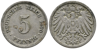 ГЕРМАНИЯ 5 ПФЕННИГОВ 1890 E KM 11, J. 12 медно-никель 39-631