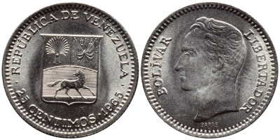 Венесуэла 25 сентимо 1965 Симон Боливар KM 40 никель UNC 4392-946