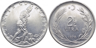 ТУРЦИЯ 2 1/2 ЛИРЫ 1978 KM 893.2 сталь 111-725