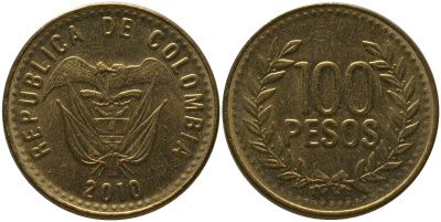 Колумбия 100 песо 2010 KM 285.2, Restrepo 445.11 латунь 4539-132