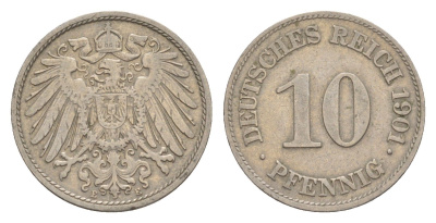 Германия 10 пфеннигов 1901 E, Вильгельм II (1888-1918) KM 12, J. 13 медно-никель 4640-252