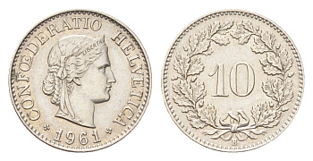 Швейцария 10 раппенов 1961 B KM 27 медно-никель 4708-214