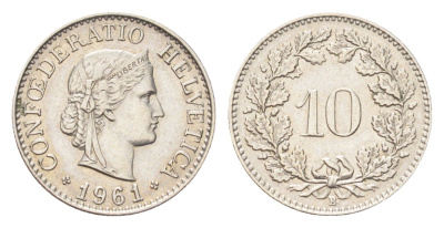 Швейцария 10 раппенов 1961 B KM 27 медно-никель 4708-214