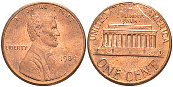 США 1 ЦЕНТ 1984 D, ЛИНКОЛЬН KM 201b цинк плакированный медью UNC 187-726